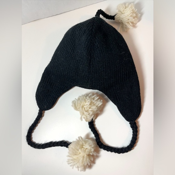 White Skull Design on Black 100% Nepalese Wool Winter Hat with Pom Pom Ties - Picture 2 of 5